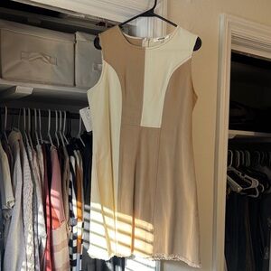 Two-Tone Cream and Tan Sleeveless Shift Dress, Retro feel
